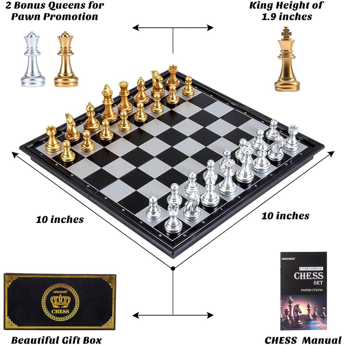 AMEROUS 10" Magnetic Travel Chess Set, Gold & Silver Pieces, view 4