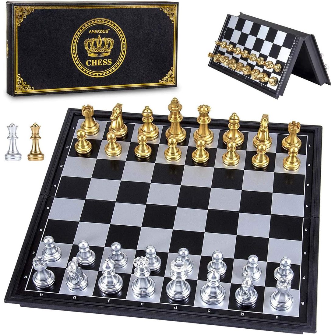 AMEROUS 10" Magnetic Travel Chess Set, Gold & Silver Pieces