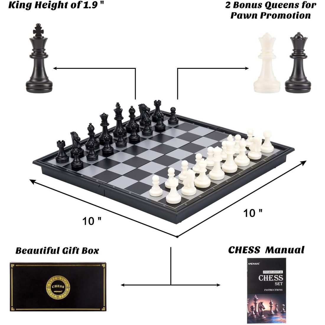 AMEROUS 10" Magnetic Travel Chess Set, Folding, Black & White, view 2