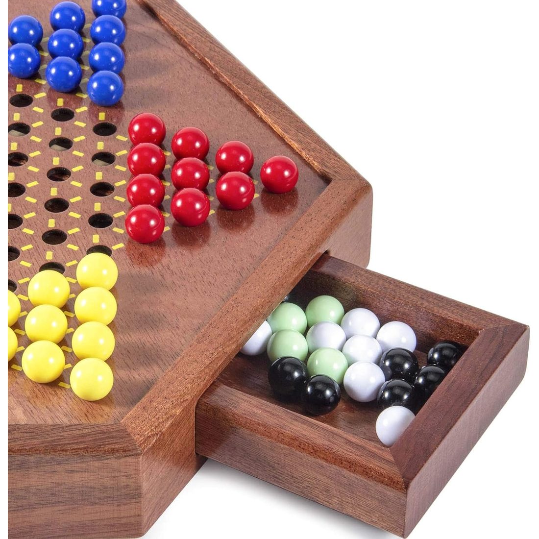 AMEROUS 12.5" Wooden Chinese Checkers with Storage Drawer, view 3