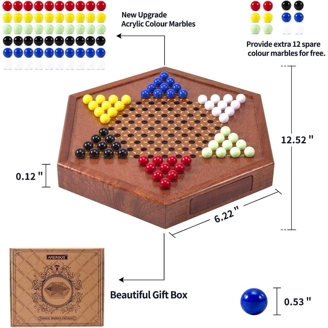 AMEROUS 12.5" Wooden Chinese Checkers with Storage Drawer, view 5