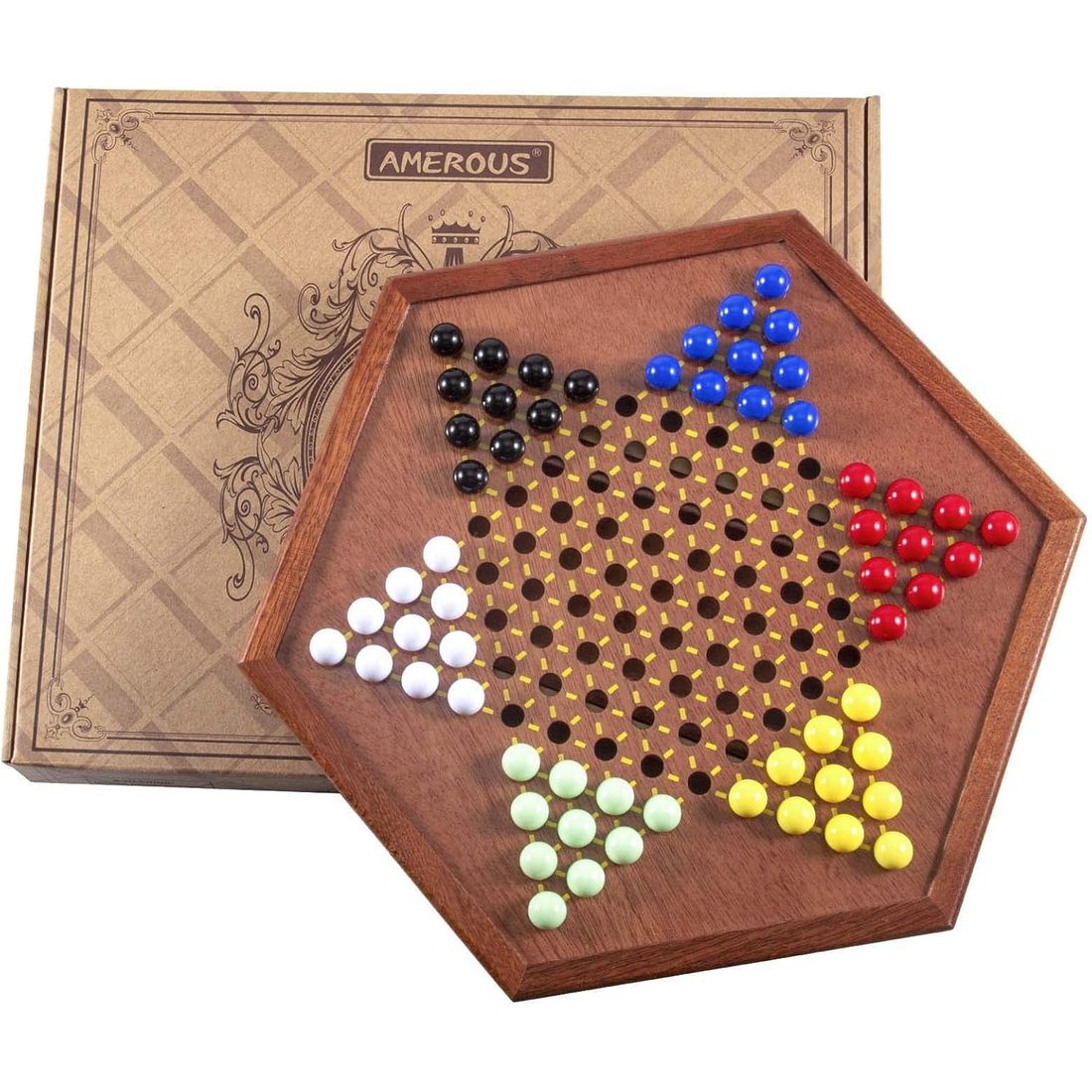AMEROUS 12.5" Wooden Chinese Checkers with Storage Drawer, view 6