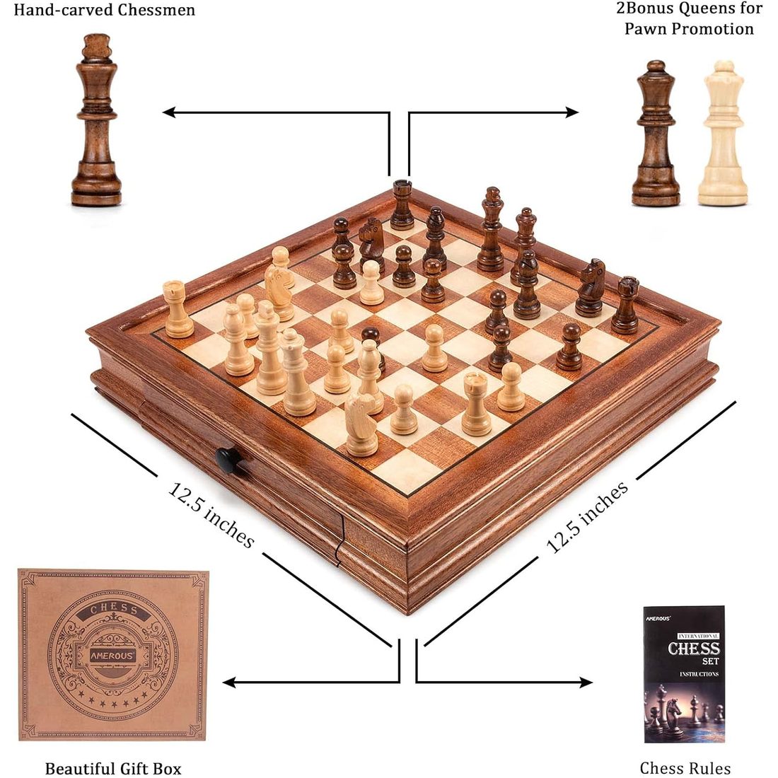 AMEROUS 12.5" Magnetic Chess Set with 2 Storage Drawers, view 3