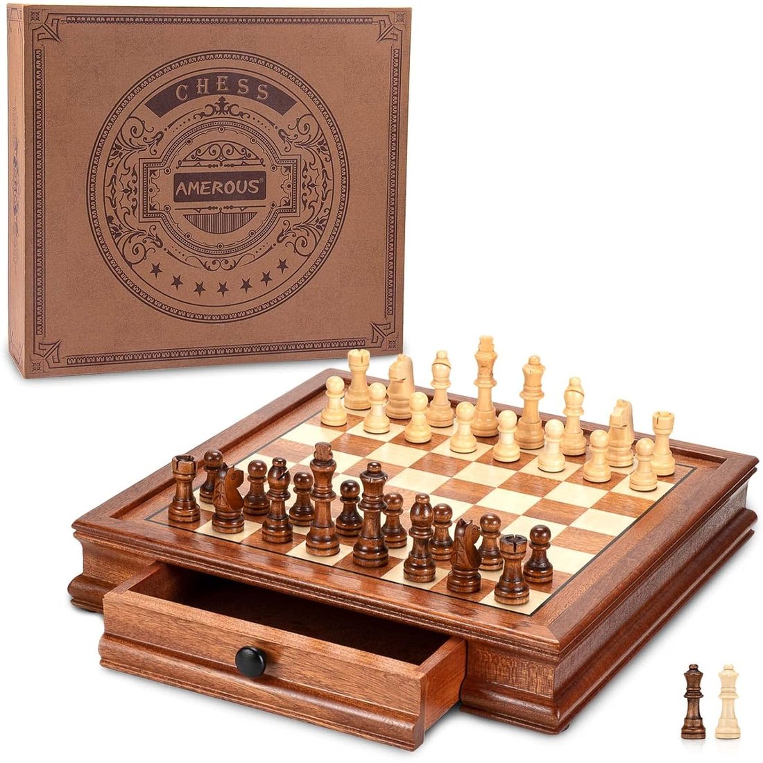 AMEROUS 12.5" Magnetic Chess Set with 2 Storage Drawers