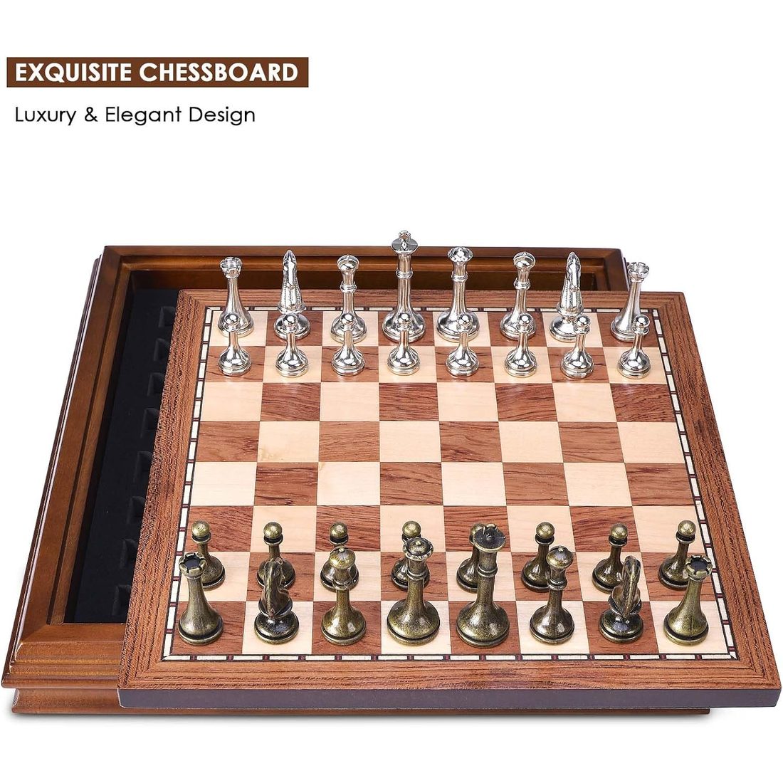 AMEROUS 12.6" Lidded Wooden Chess Set, Metal Pieces, 2.5" King, view 2