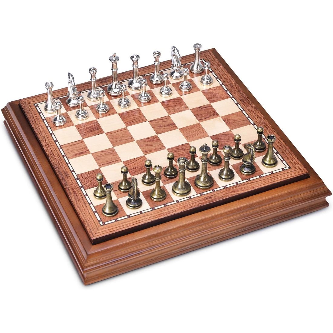 AMEROUS 12.6" Lidded Wooden Chess Set, Metal Pieces, 2.5" King, view 4