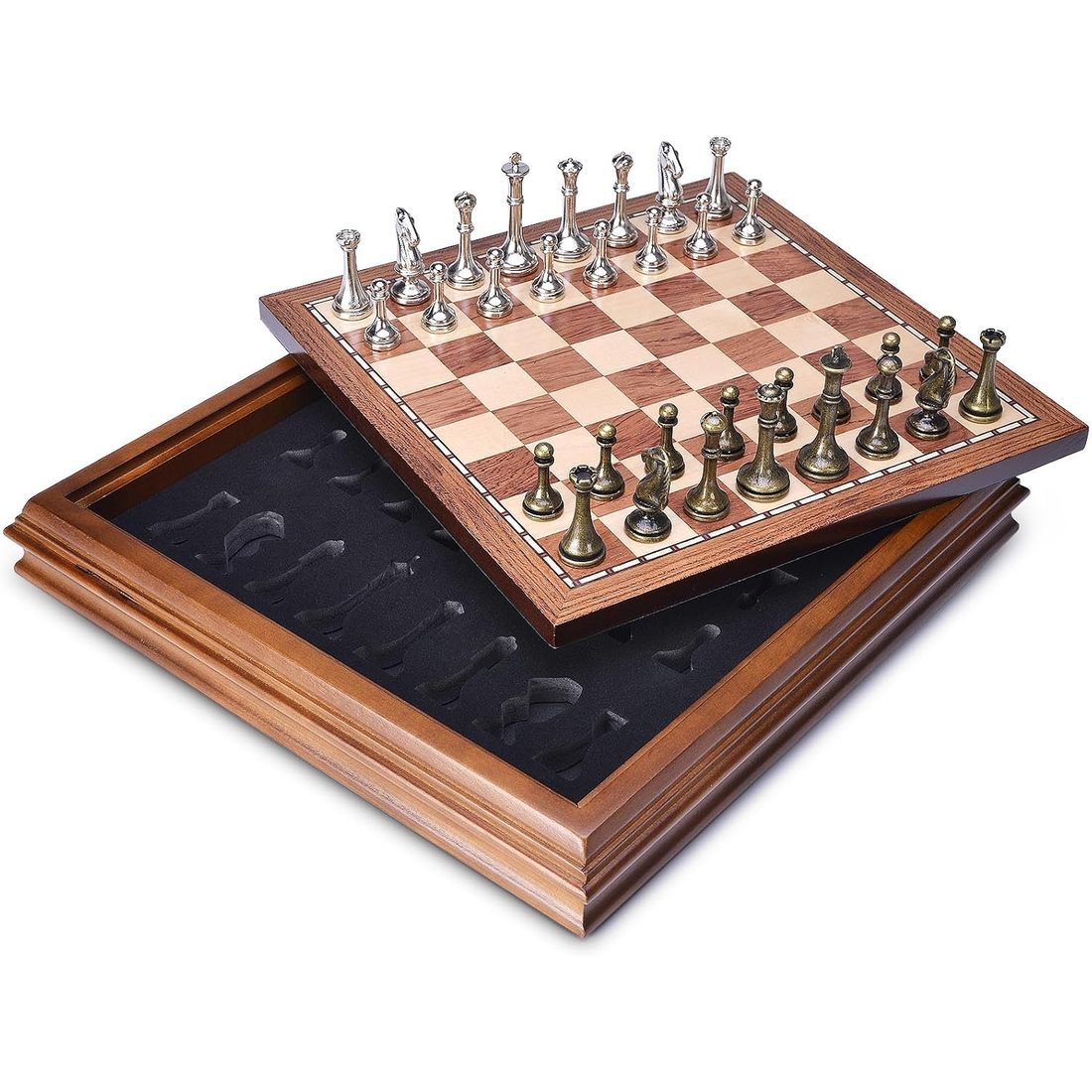 AMEROUS 12.6" Lidded Wooden Chess Set, Metal Pieces, 2.5" King, view 6
