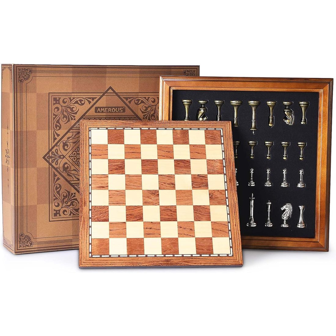 AMEROUS 12.6" Lidded Wooden Chess Set, Metal Pieces, 2.5" King