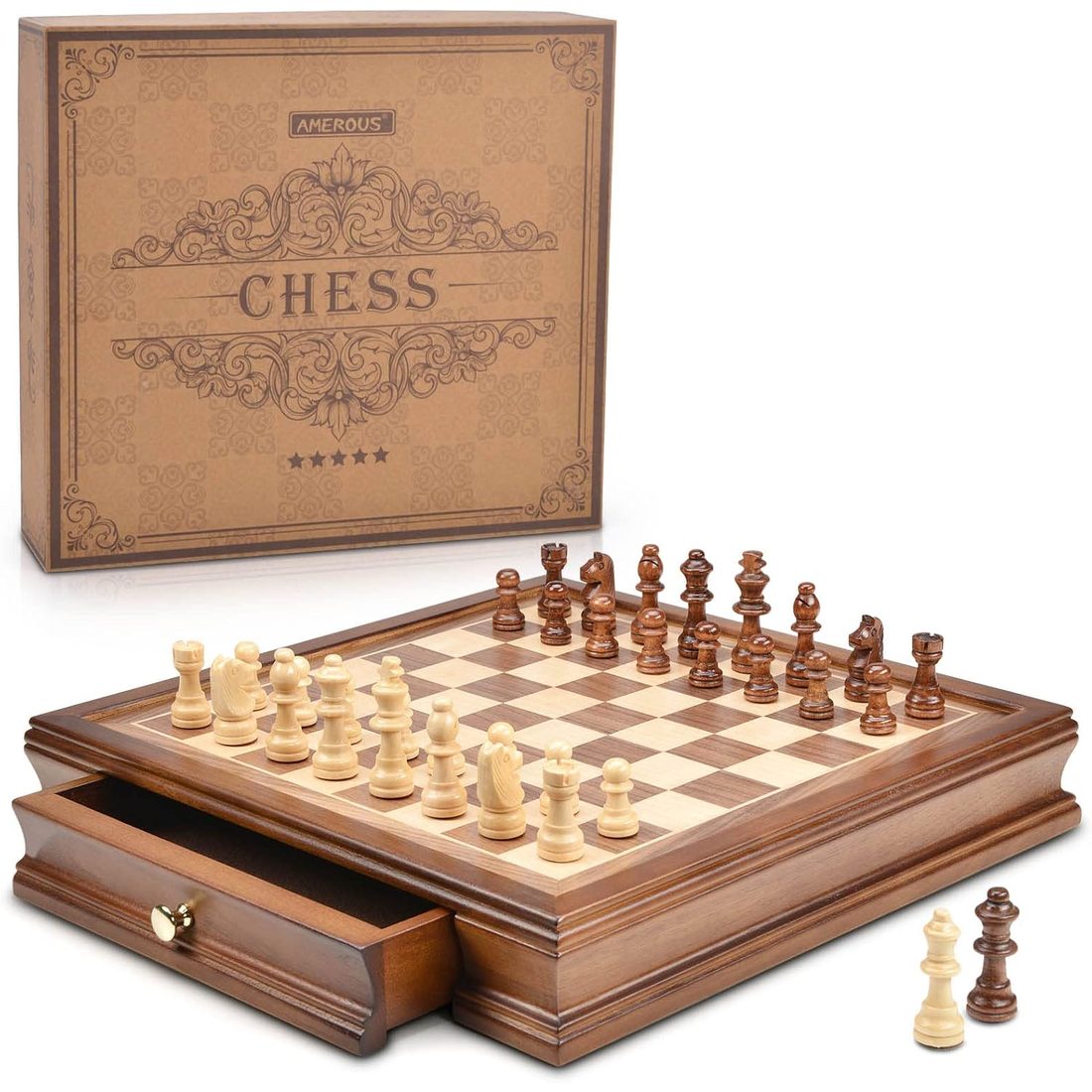 AMEROUS 12.8" Magnetic Chess Set with 2 Storage Drawers