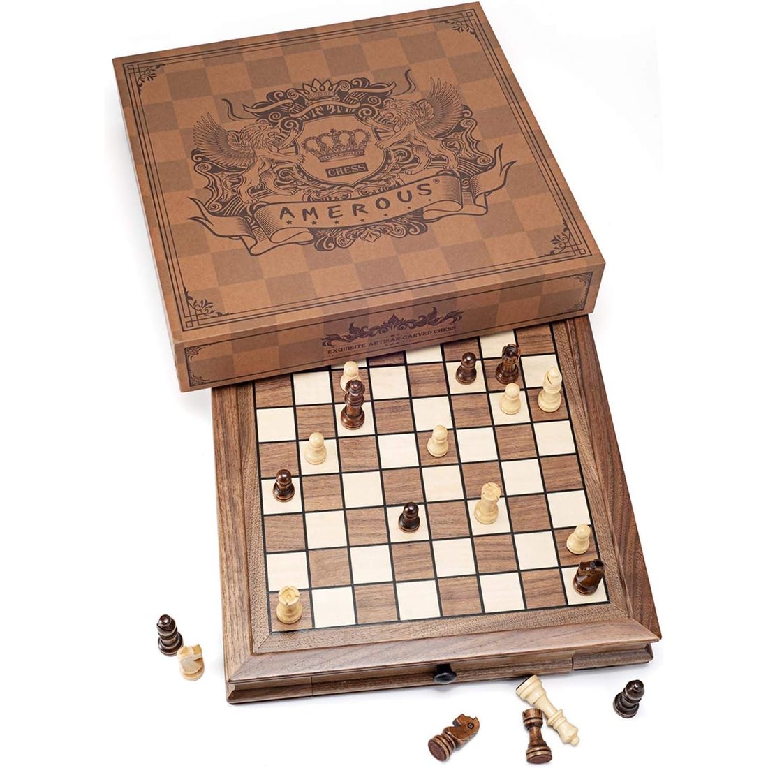 AMEROUS 12.8" Magnetic Walnut Chess Set with 2 Storage Drawers, view 2