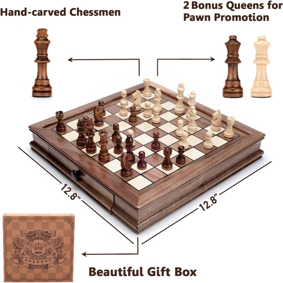 AMEROUS 12.8" Magnetic Walnut Chess Set with 2 Storage Drawers, view 3
