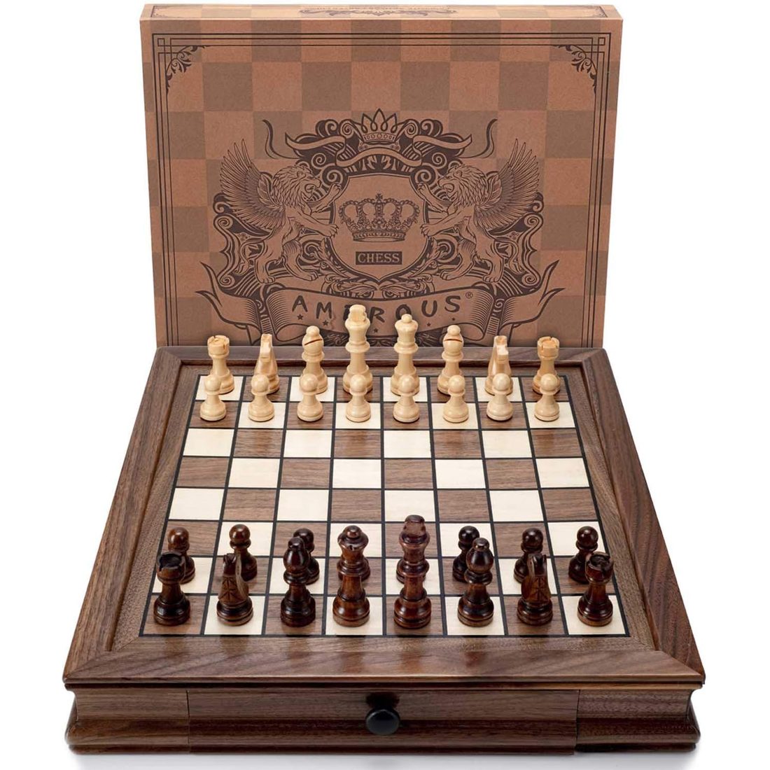 AMEROUS 12.8" Magnetic Walnut Chess Set with 2 Storage Drawers, view 4