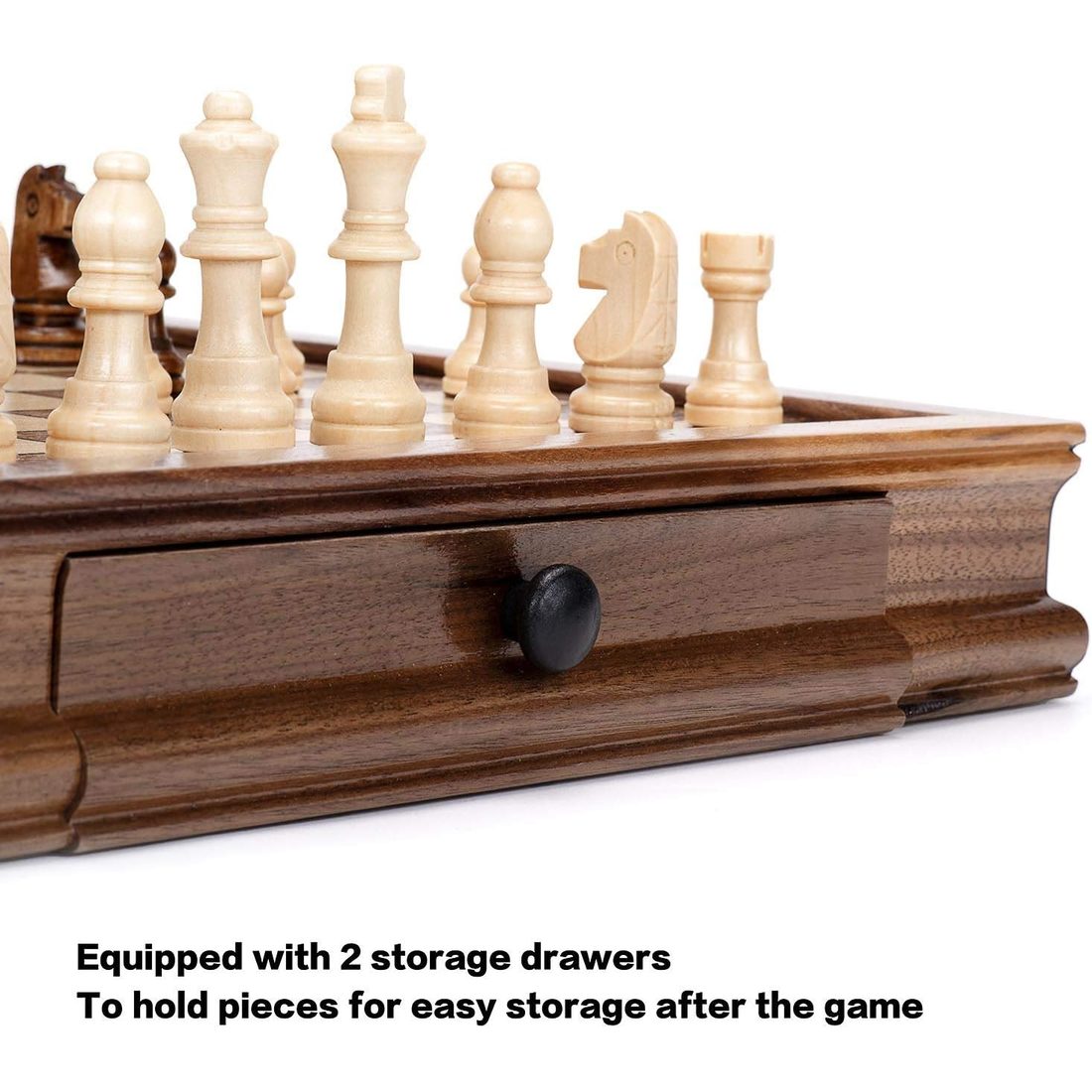AMEROUS 12.8" Magnetic Walnut Chess Set with 2 Storage Drawers, view 5