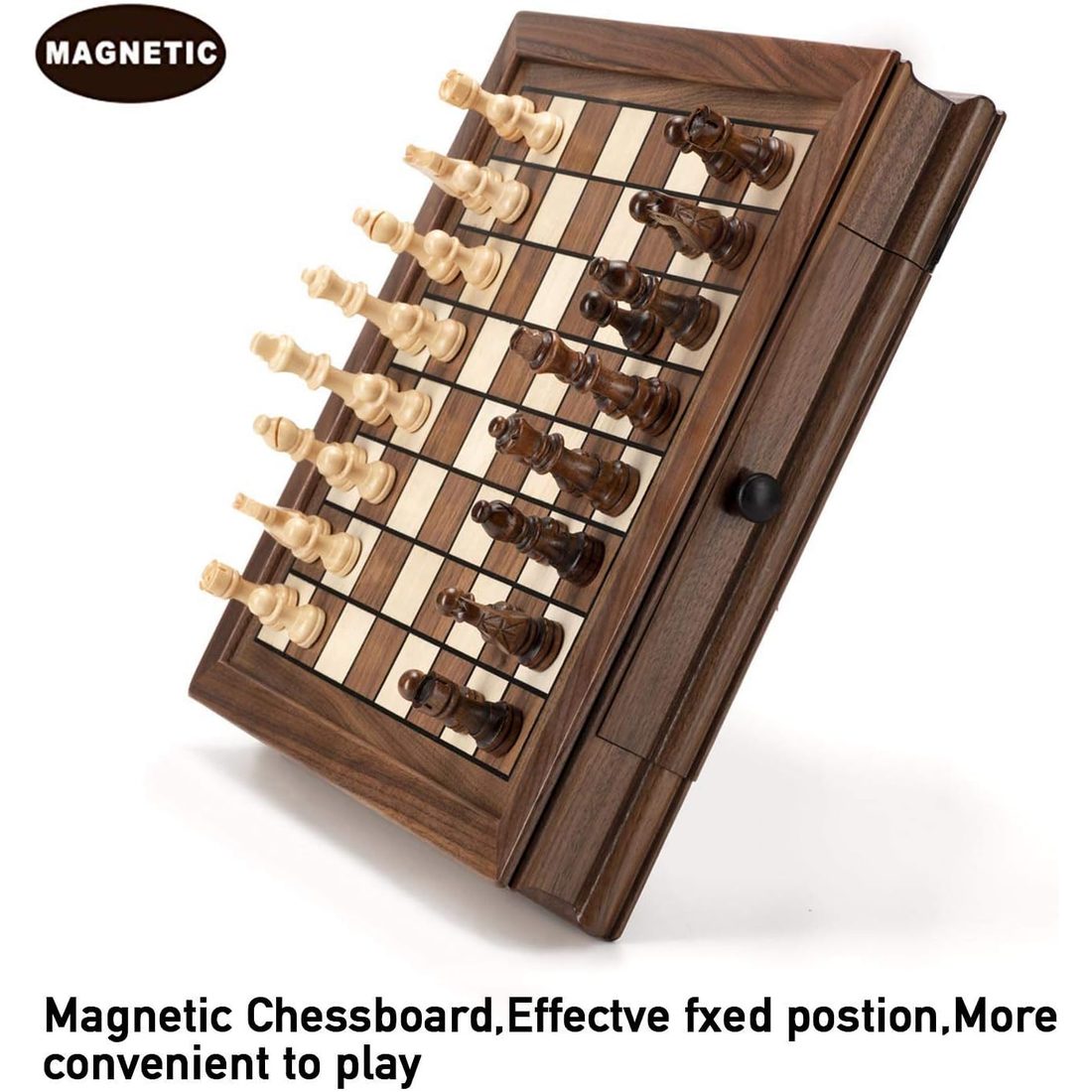 AMEROUS 12.8" Magnetic Walnut Chess Set with 2 Storage Drawers, view 6