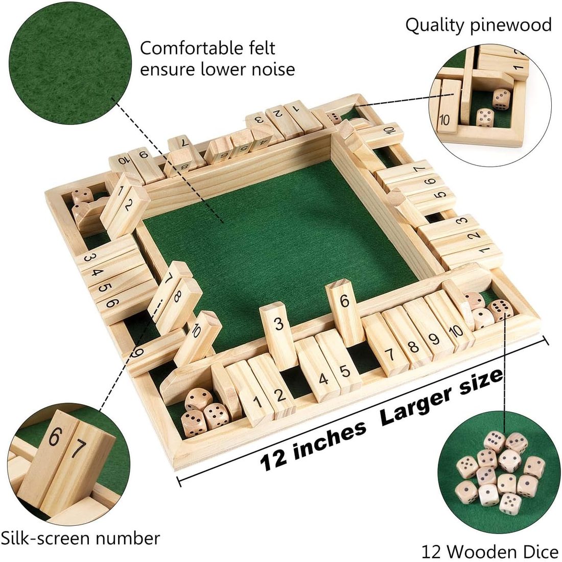 AMEROUS 12" 4-Player Shut the Box, 10 Number Tiles, 12 Dice, view 3