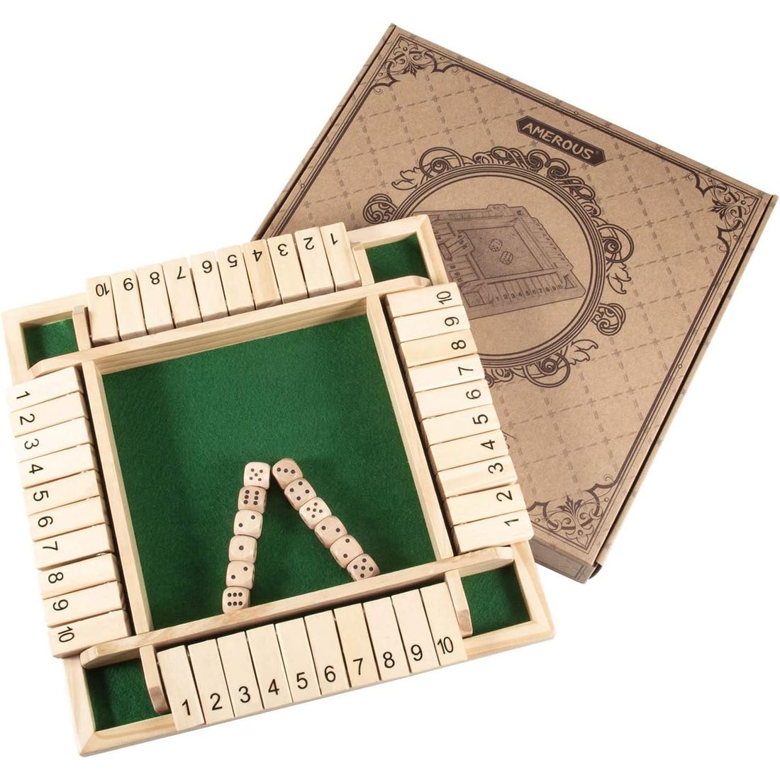 AMEROUS 12" 4-Player Shut the Box, 10 Number Tiles, 12 Dice, view 4