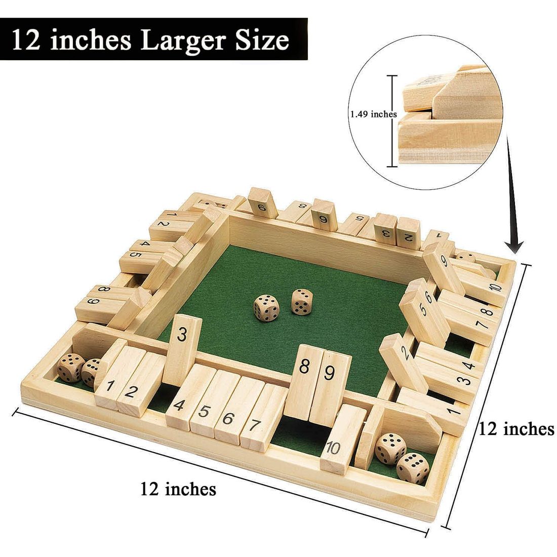 AMEROUS 12" 4-Player Shut the Box, 10 Number Tiles, 12 Dice, view 5