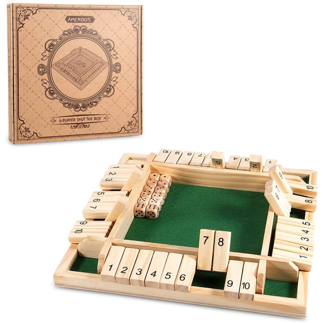 AMEROUS 12" 4-Player Shut the Box, 10 Number Tiles, 12 Dice