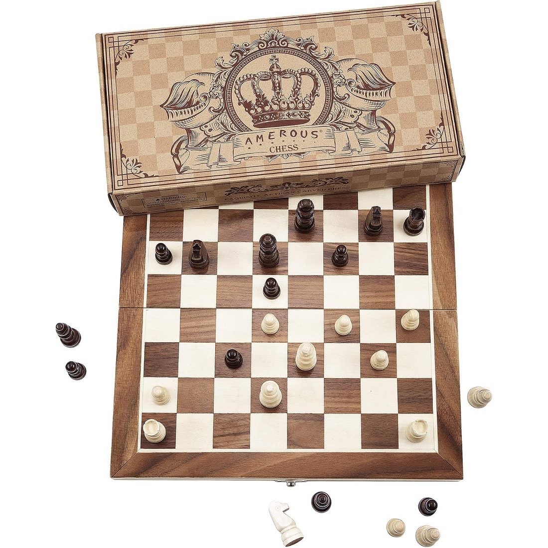 AMEROUS 12" Magnetic Travel Chess Set, Folding Wooden Board, view 2