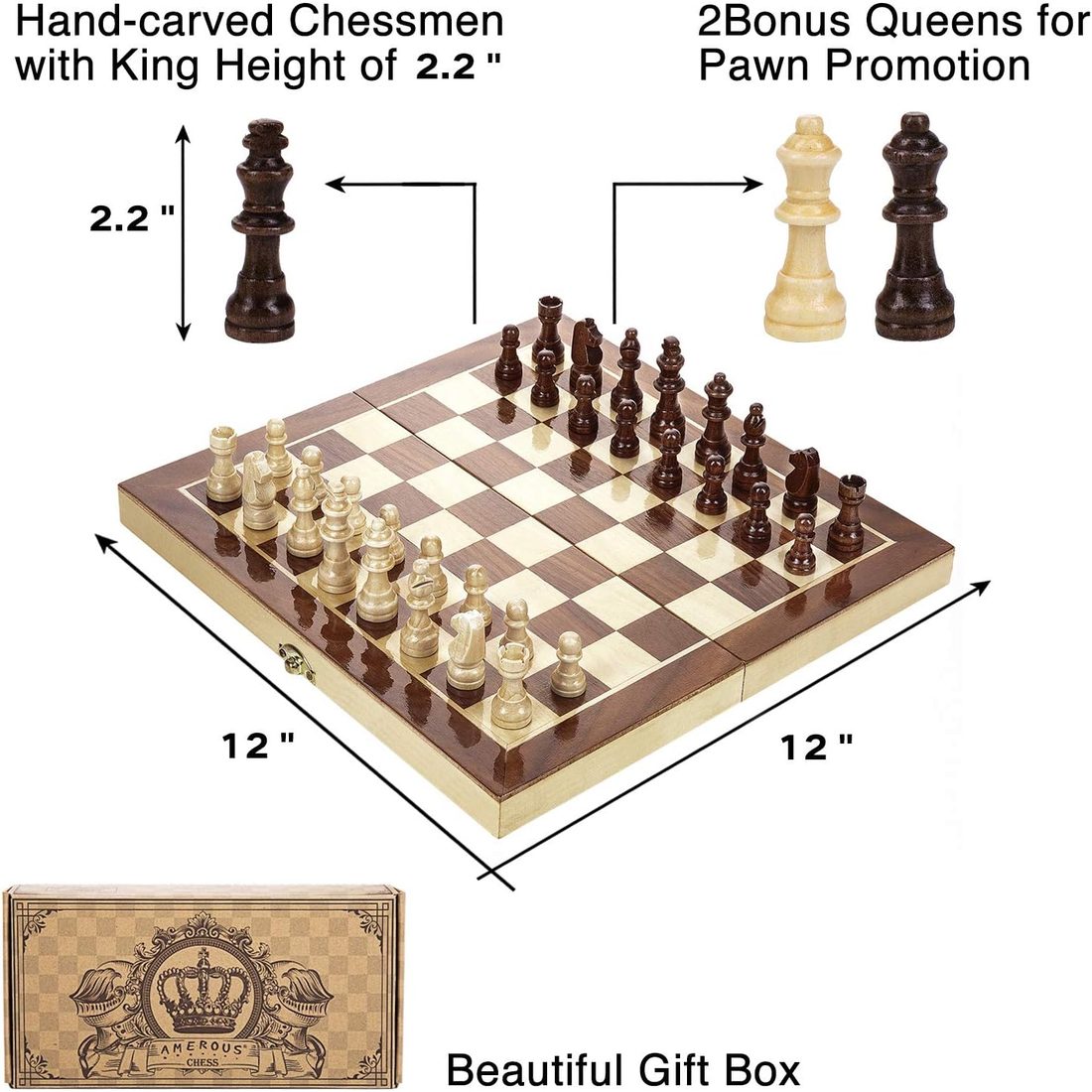 AMEROUS 12" Magnetic Travel Chess Set, Folding Wooden Board, view 4