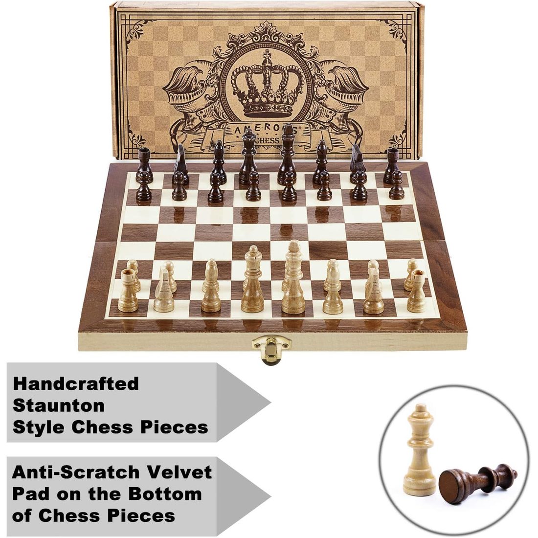 AMEROUS 12" Magnetic Travel Chess Set, Folding Wooden Board, view 6
