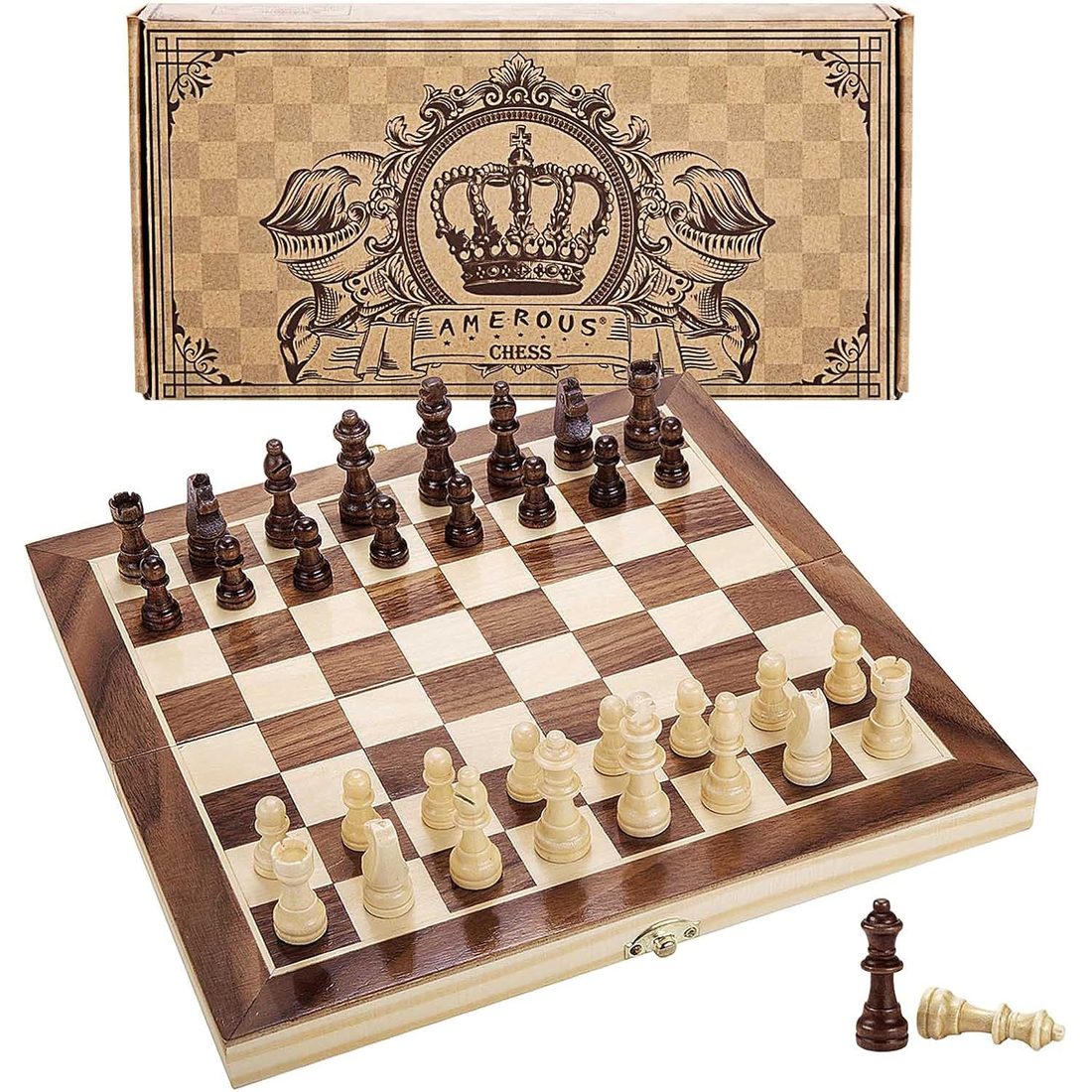 AMEROUS 12" Magnetic Travel Chess Set, Folding Wooden Board