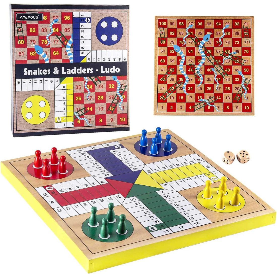 AMEROUS 12" Reversible Ludo & Snakes and Ladders Board