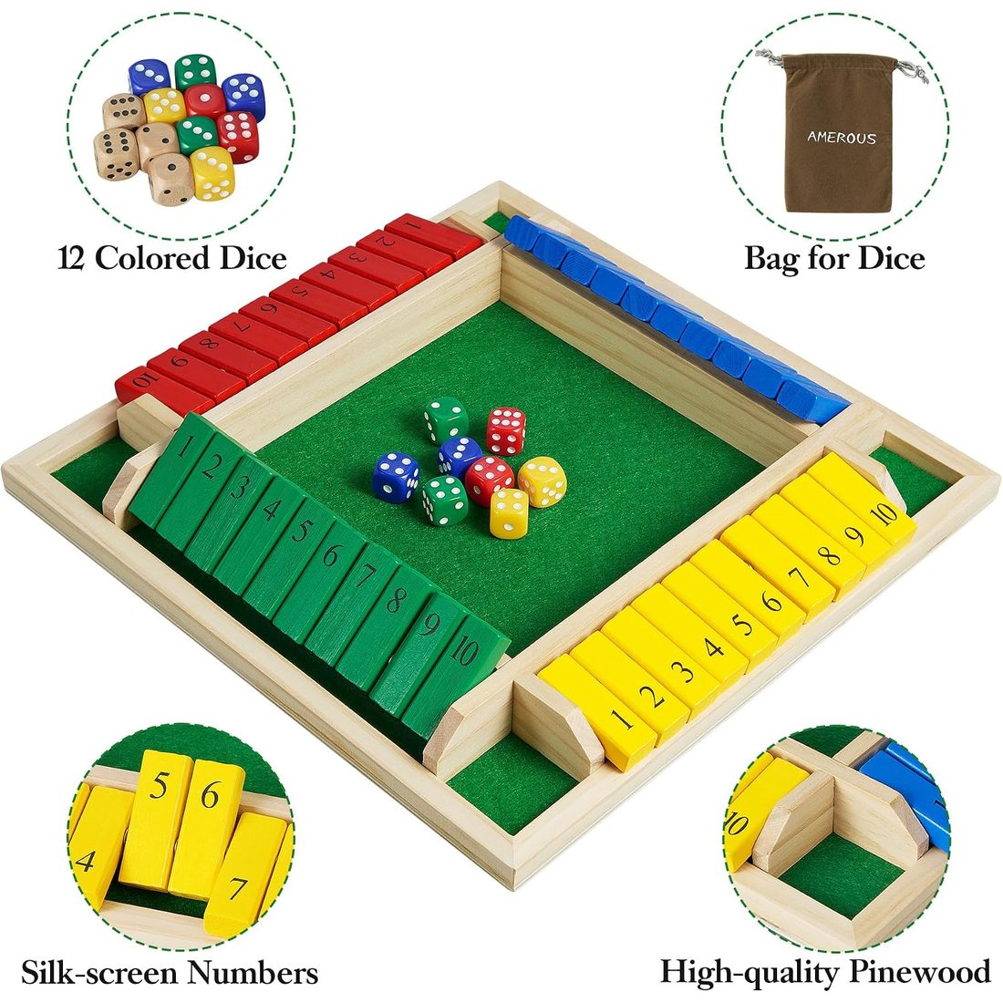 AMEROUS 12" Shut the Box, Colorful 4-Sided, 1-4 Players, view 3