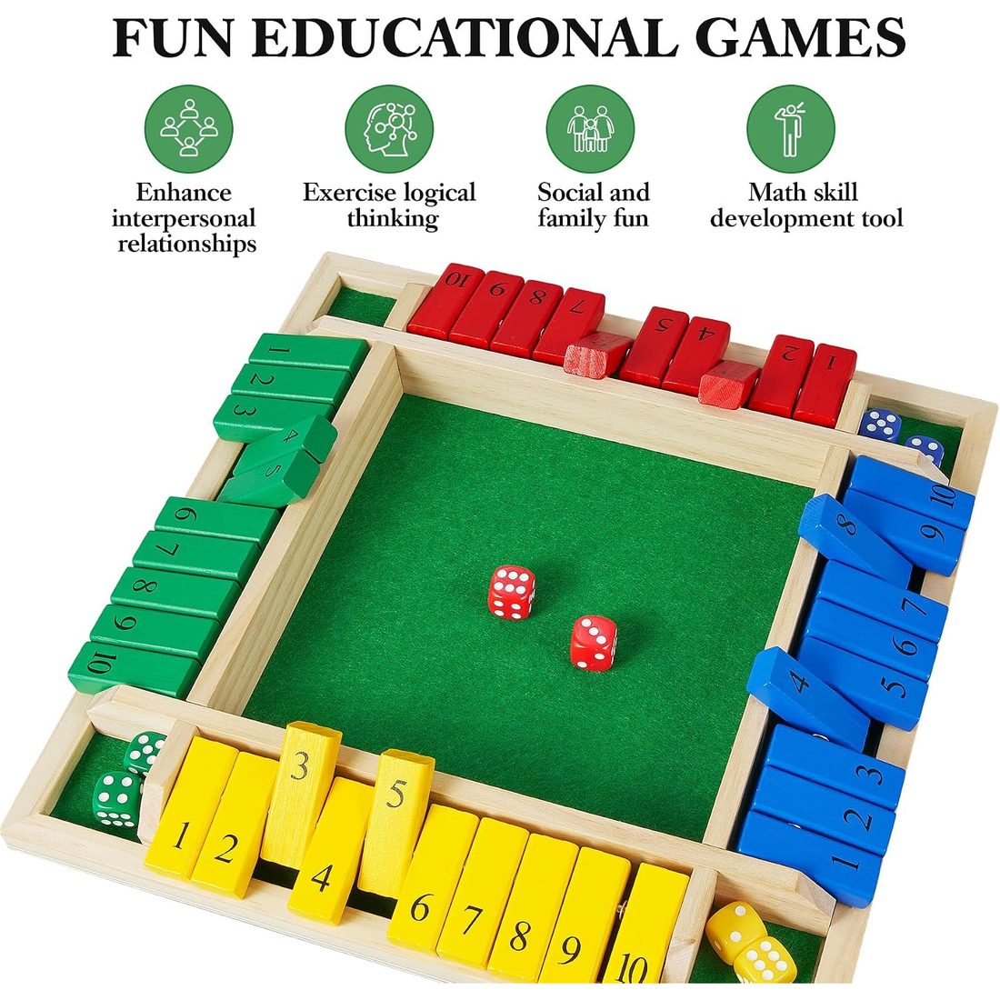 AMEROUS 12" Shut the Box, Colorful 4-Sided, 1-4 Players, view 6