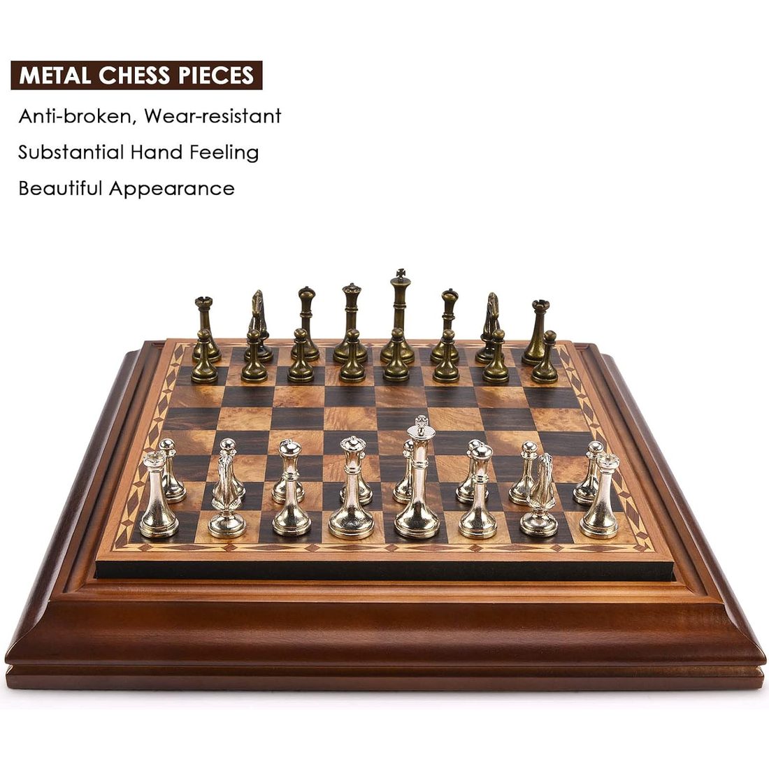 AMEROUS 14" Wooden Chess Set with Metal Pieces, 2.5" King, view 4