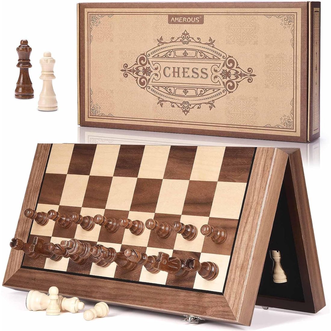 AMEROUS 15.5" Magnetic Folding Chess Set, Felt-Bottom Pieces