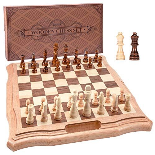 AMEROUS 15.6" Magnetic Wooden Chess Set, Handheld Folding Case