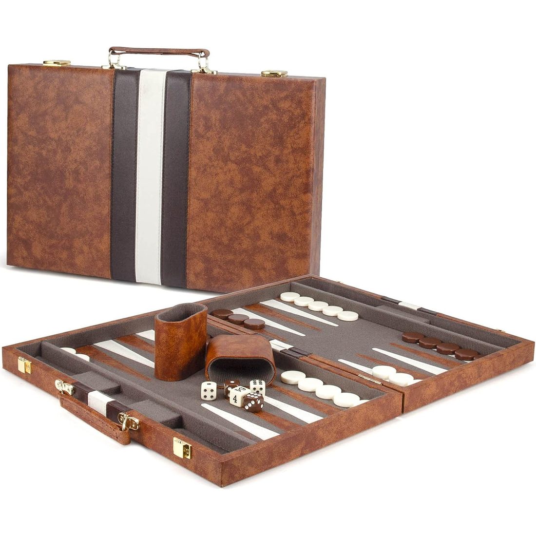 AMEROUS 15" Backgammon Set, Brown Leatherette Folding Case, view 2