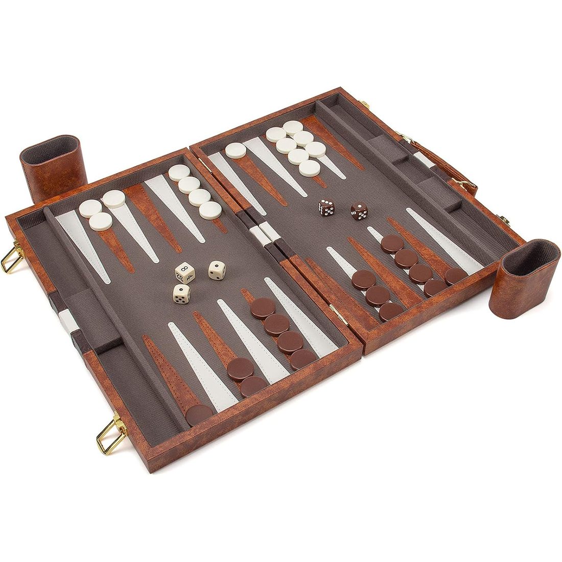 AMEROUS 15" Backgammon Set, Brown Leatherette Folding Case, view 3