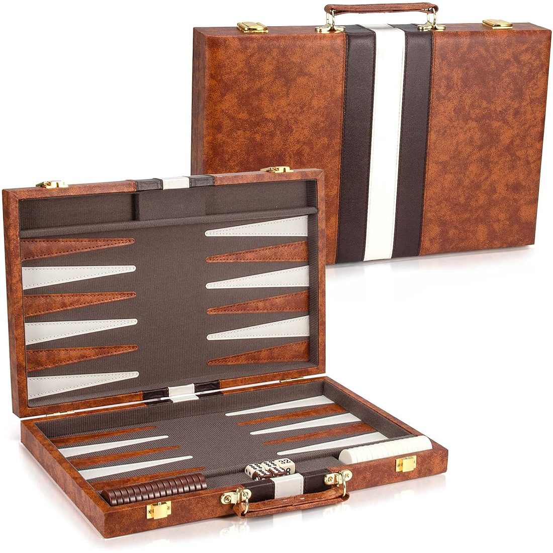 AMEROUS 15" Backgammon Set, Brown Leatherette Folding Case, view 4