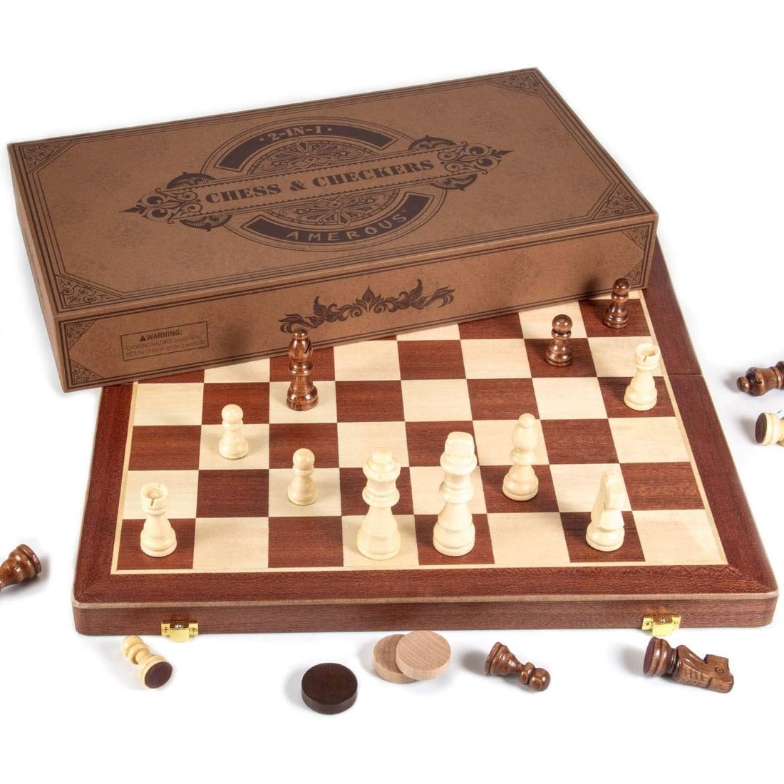 AMEROUS 15" Magnetic Folding Chess & Checkers 2-in-1, Gift Boxed, view 4
