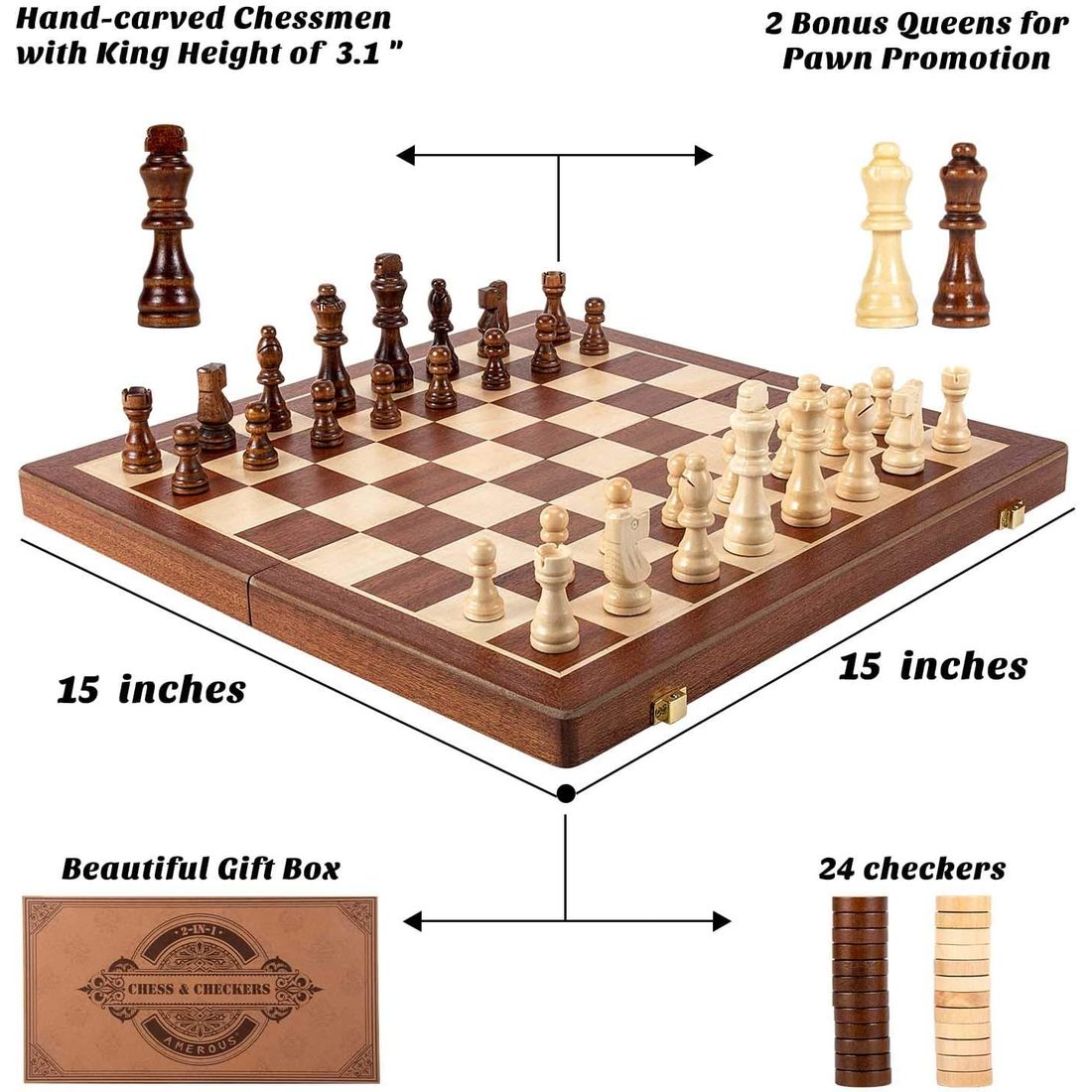 AMEROUS 15" Magnetic Folding Chess & Checkers 2-in-1, Gift Boxed, view 6