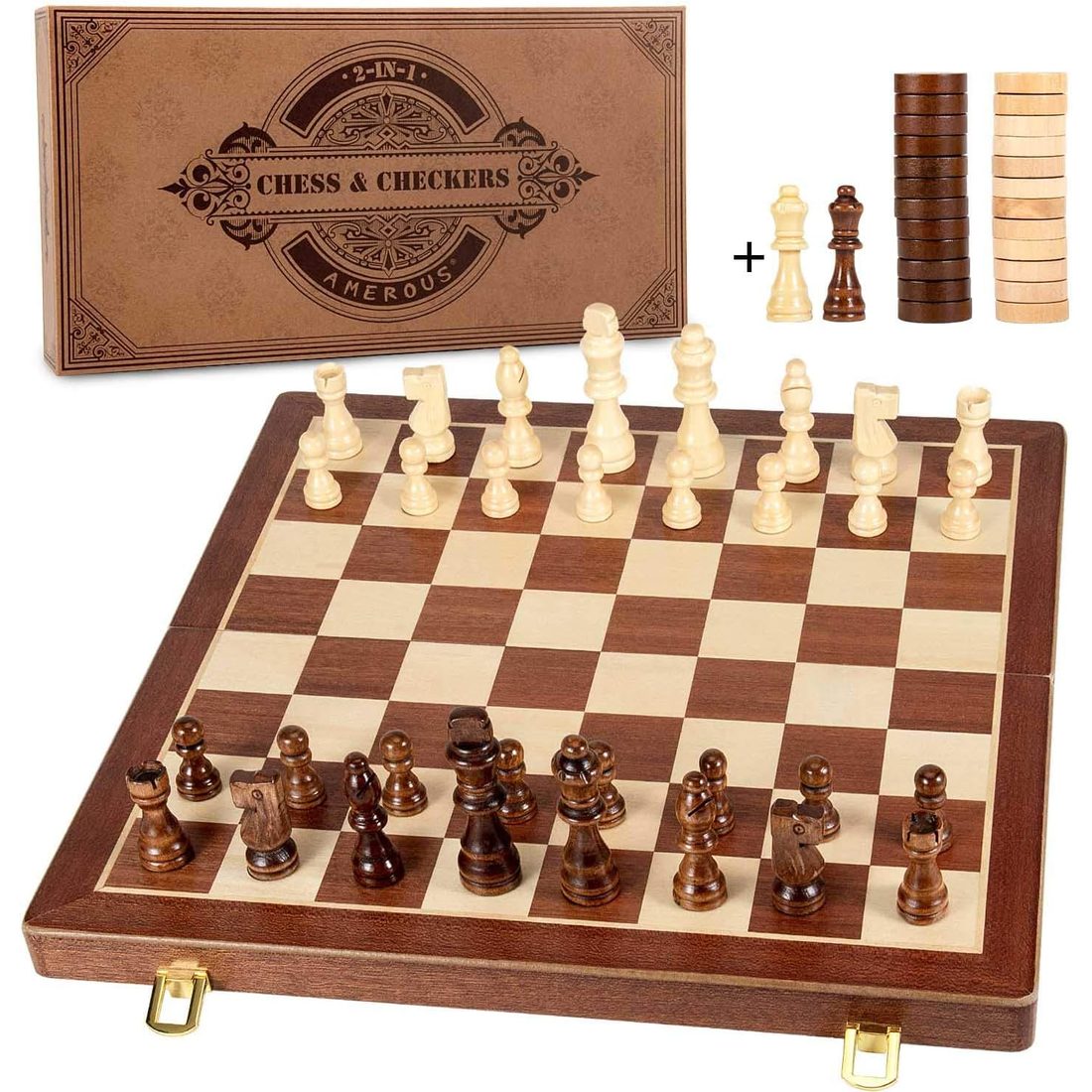 AMEROUS 15" Magnetic Folding Chess & Checkers 2-in-1, Gift Boxed