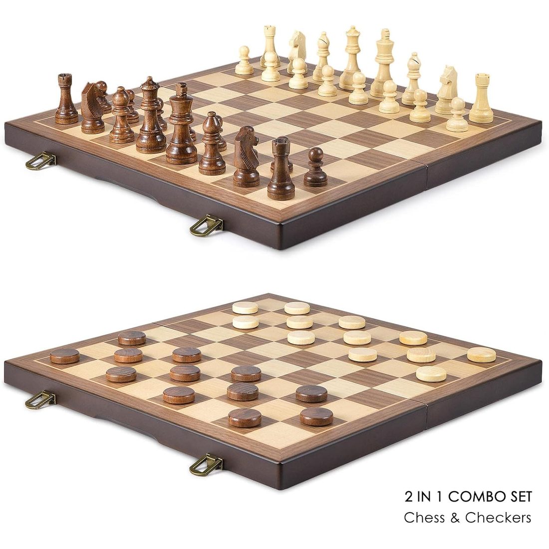 AMEROUS 15" Magnetic Chess & Checkers Set, Solid Wood Storage Box, view 2