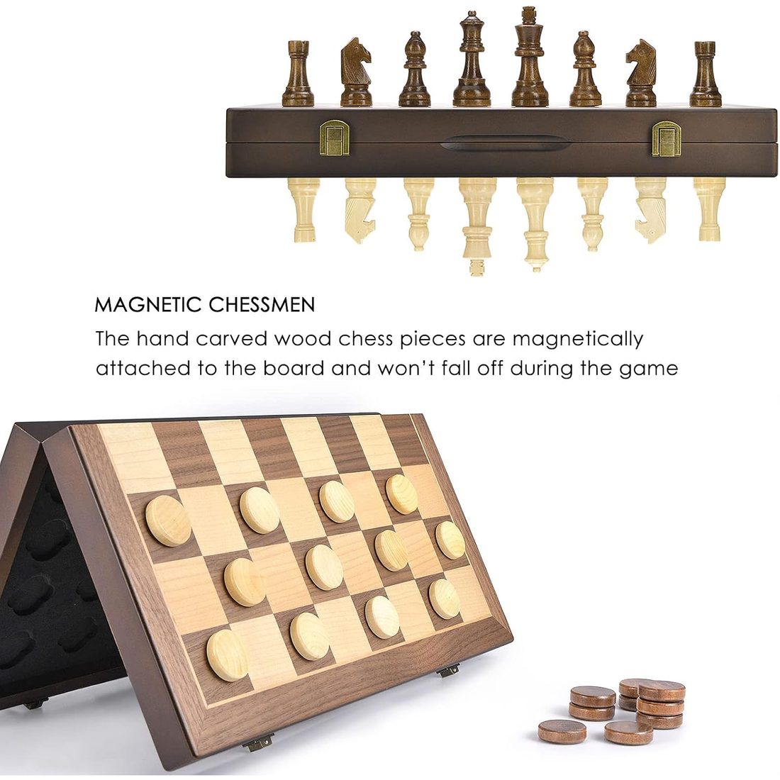 AMEROUS 15" Magnetic Chess & Checkers Set, Solid Wood Storage Box, view 4