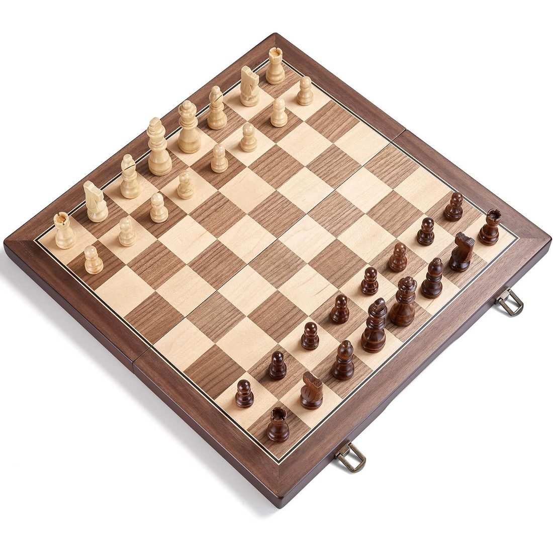 AMEROUS 15" Magnetic Folding Chess Set, Walnut & Maple Inlay, view 2