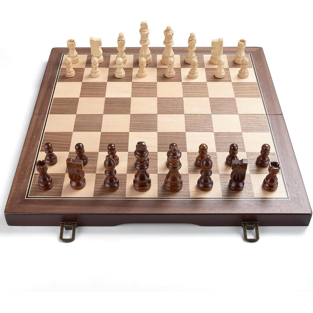 AMEROUS 15" Magnetic Folding Chess Set, Walnut & Maple Inlay, view 3