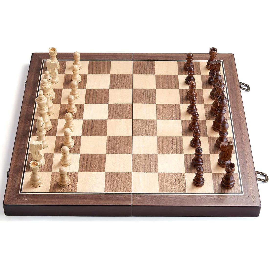 AMEROUS 15" Magnetic Folding Chess Set, Walnut & Maple Inlay, view 4