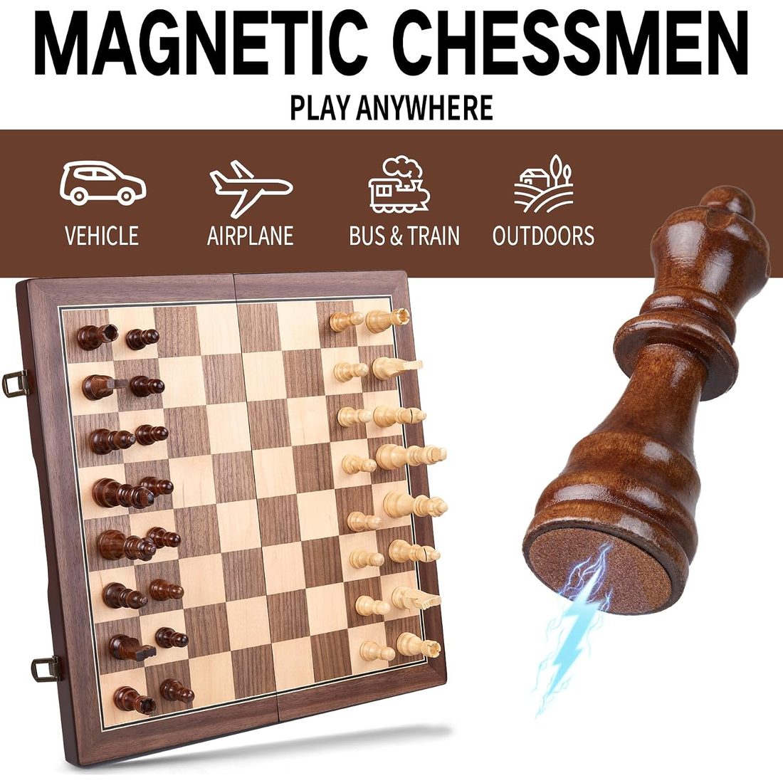 AMEROUS 15" Magnetic Folding Chess Set, Walnut & Maple Inlay, view 5
