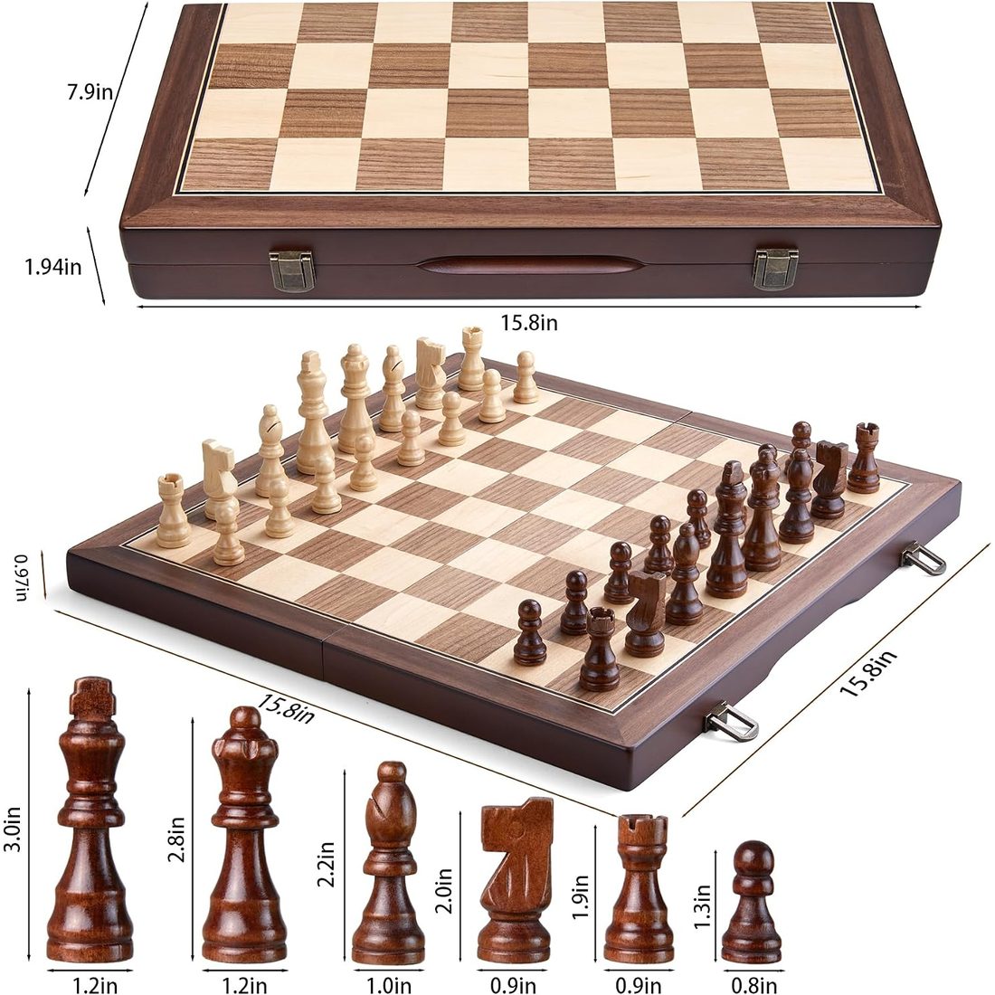AMEROUS 15" Magnetic Folding Chess Set, Walnut & Maple Inlay, view 6