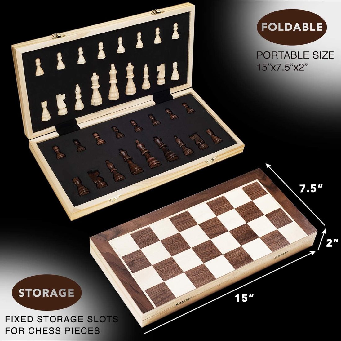 AMEROUS 15" Magnetic Folding Wooden Chess Set, 2 Extra Queens, view 2