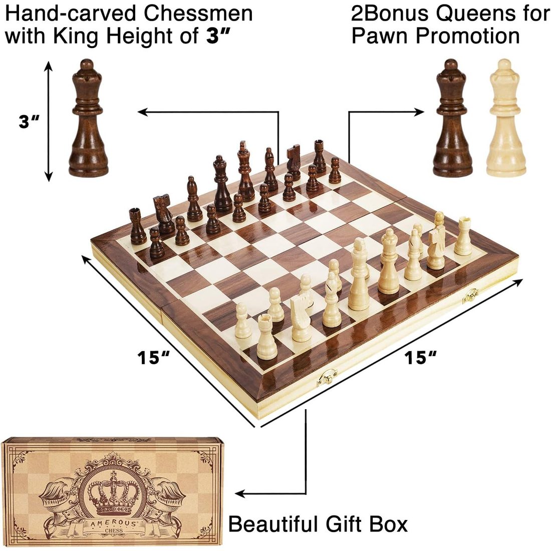 AMEROUS 15" Magnetic Folding Wooden Chess Set, 2 Extra Queens, view 3