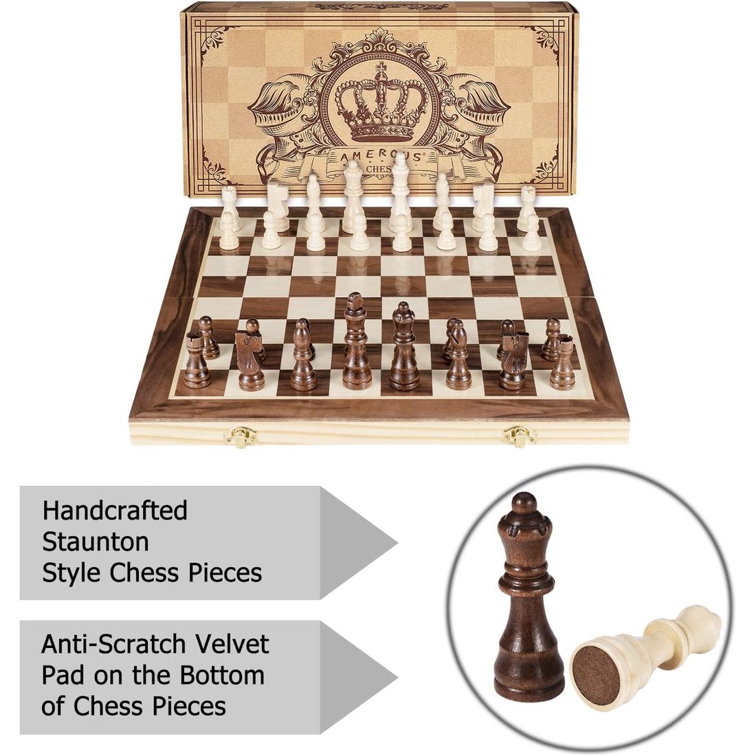 AMEROUS 15" Magnetic Folding Wooden Chess Set, 2 Extra Queens, view 5