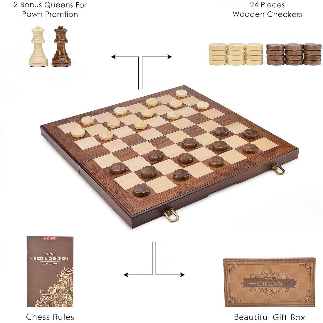 AMEROUS 15" Chess & Checkers Set, Weighted Pieces, 3" King, view 5