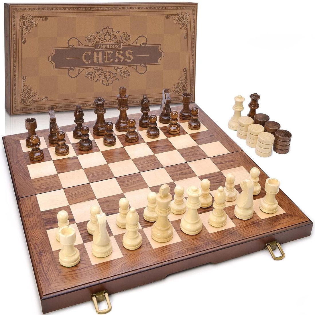 AMEROUS 15" Chess & Checkers Set, Weighted Pieces, 3" King